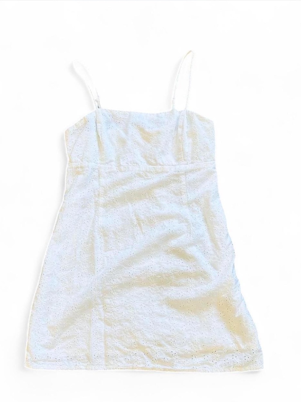 GARAGE Eyelet Smocked Babydoll Mini Shift Dress in Crisp White — M